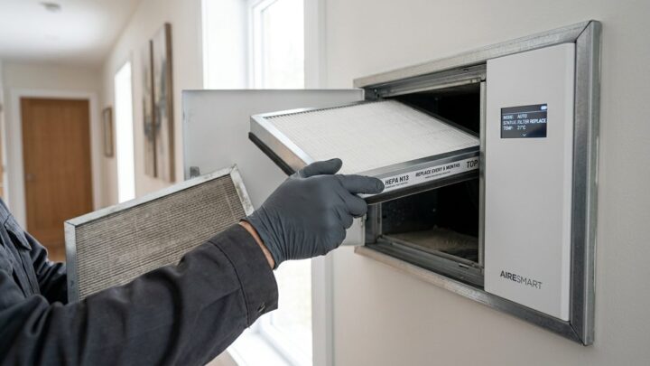 Person udskifter hvidt luftfilter i moderne ventilationsanlæg til smart home-system