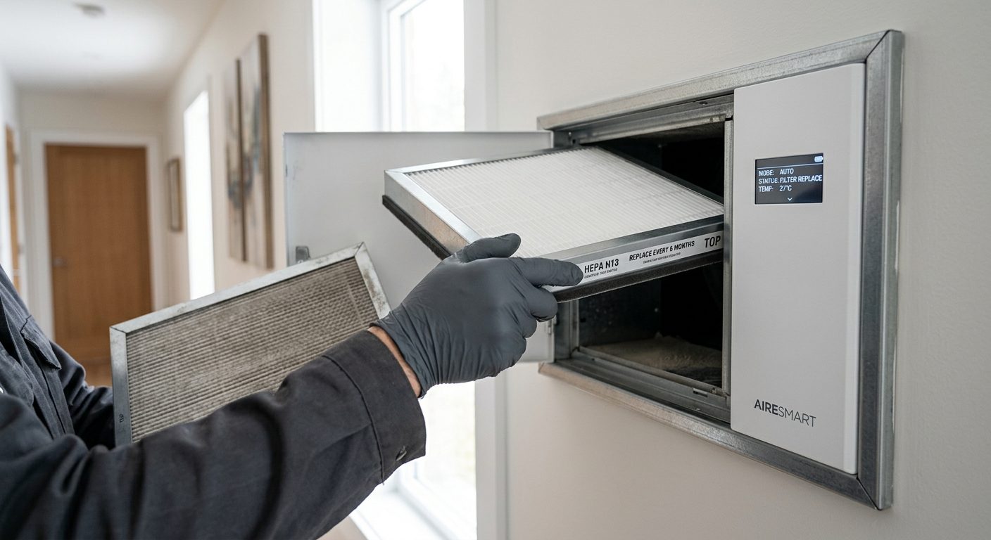 Person udskifter hvidt luftfilter i moderne ventilationsanlæg til smart home-system