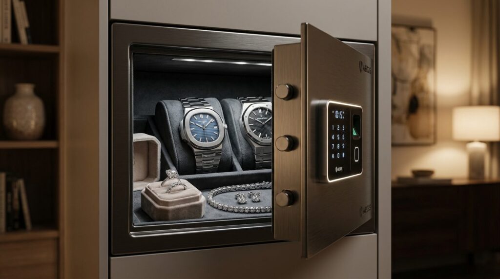 Close-up of luxury designer watch and diamond jewelry secure