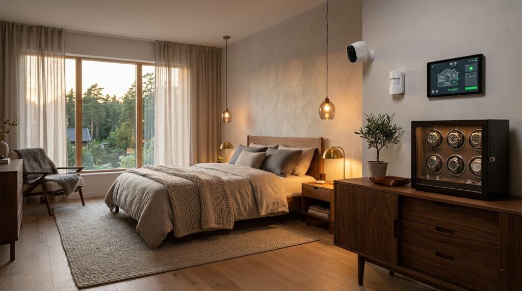 Upscale bedroom interior with smart home security system vis