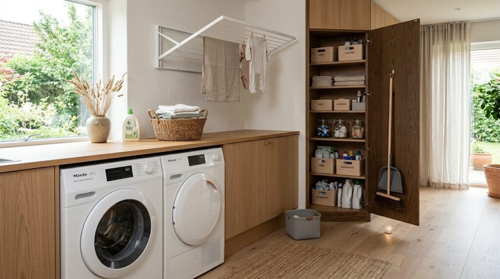 Moderne vaskerum i smart home-setting med moderne indretning og funktionel design.