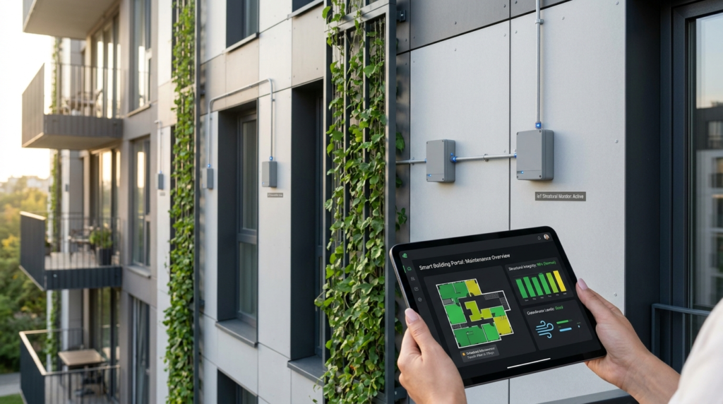 Close-up detail of a smart building facade with integrated I