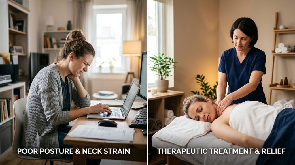 Photorealistic stock image, 16:9 format. Split-screen or com
