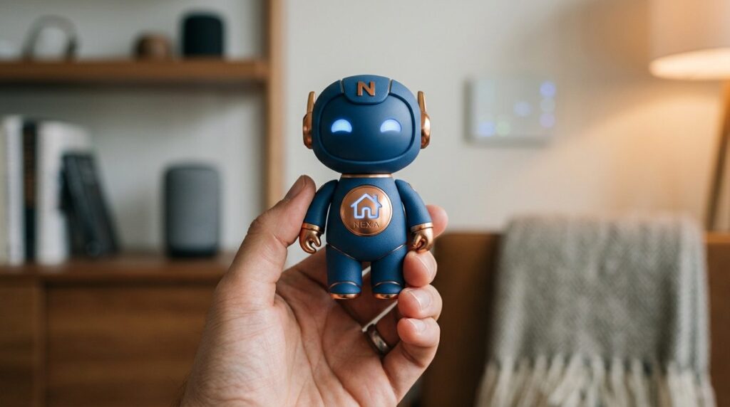 Close-up detail shot of a tactile branded mascot figure with