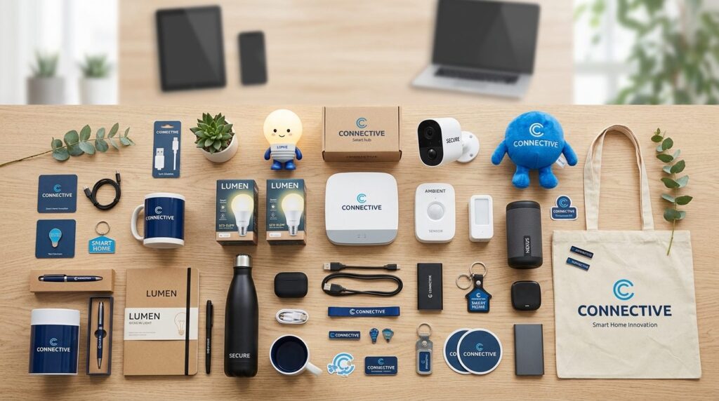 Wide overhead flat-lay composition of various physical promo