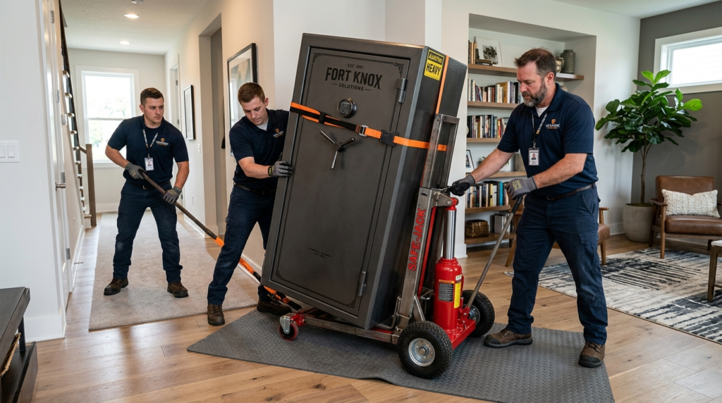 Team of professional safe relocation experts using hydraulic