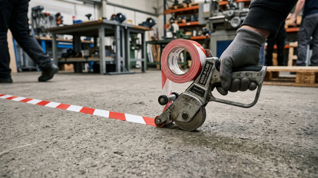 Close-up detail shot of a handheld floor marking tape applic