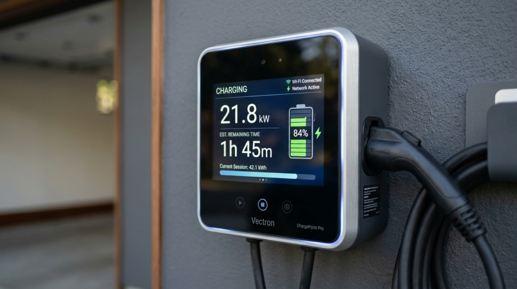 Closeup photorealistic detail shot of a premium home EV char