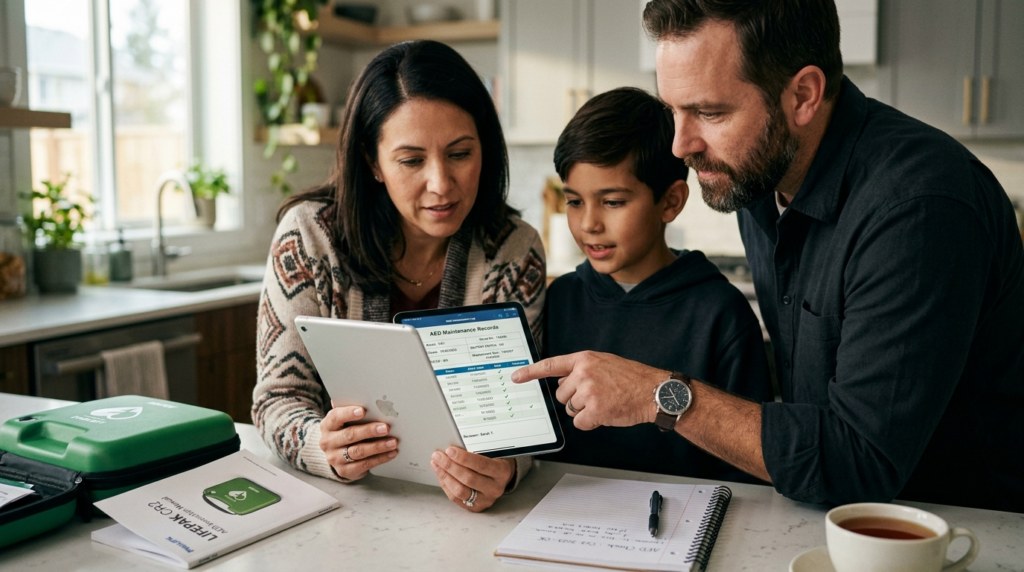 Close-up detail shot of a family reviewing AED maintenance r