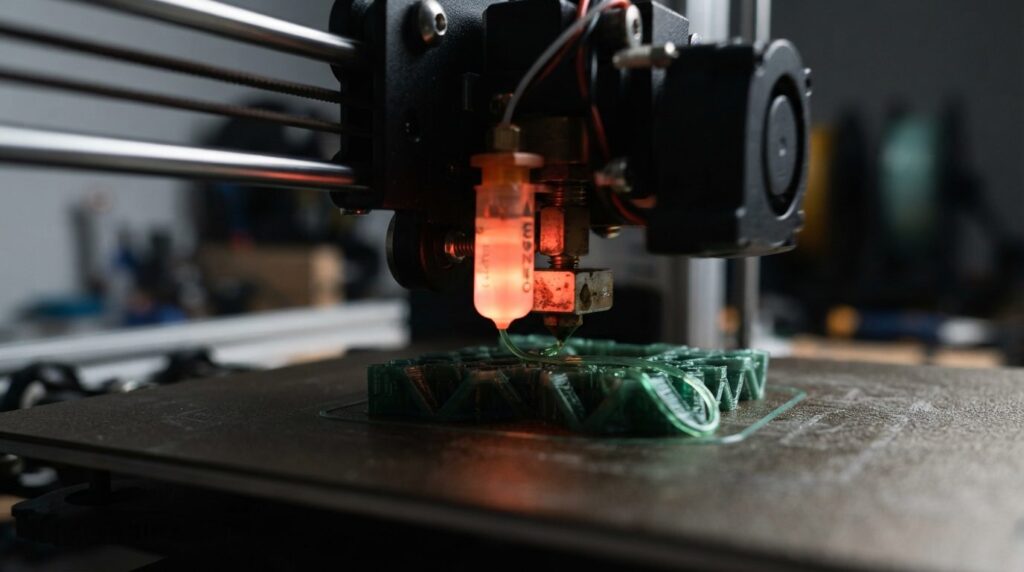 Close-up photorealistic shot of a 3D printer nozzle actively