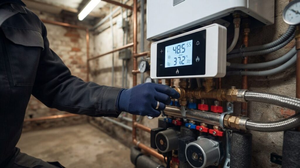 Close-up technical shot of a heating system display panel sh