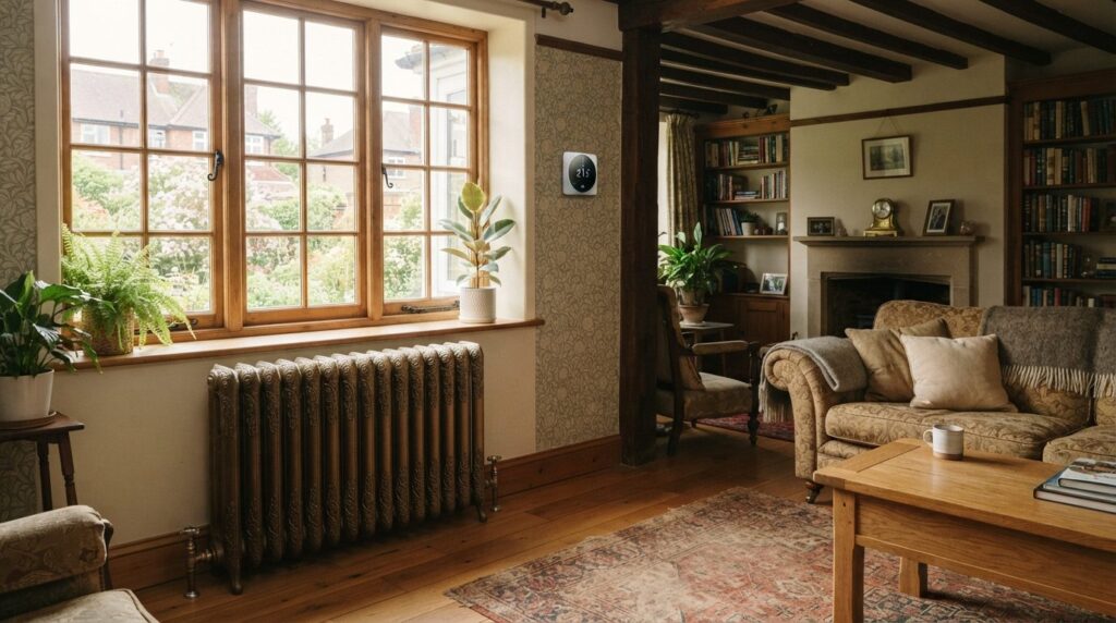 Interior photograph of a bright, traditionally decorated liv