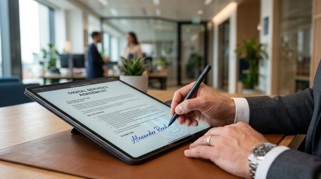 Close-up photorealistic shot of a businessmans hand signing