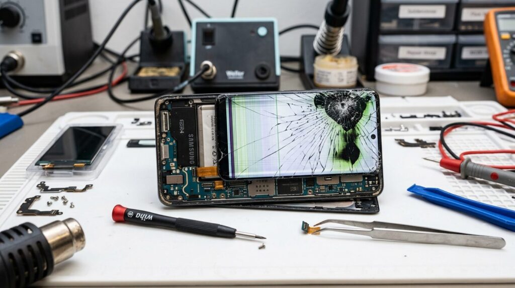 Knust Samsung-smartphoneskærm i nærbillede med sprukne linjer.