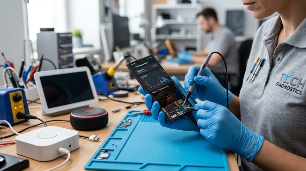 Teknikers hænder holder en Samsung-telefon under reparation.
