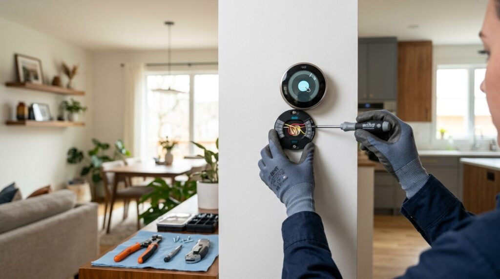 Close-up of skilled technicians hands installing a smart th