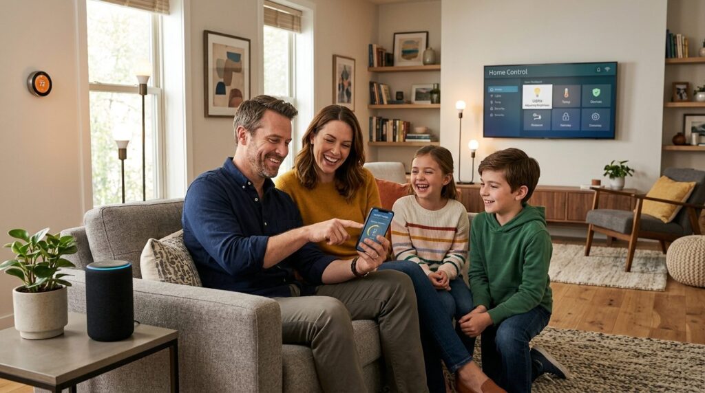 Modern family in their home using smartphone to control smar