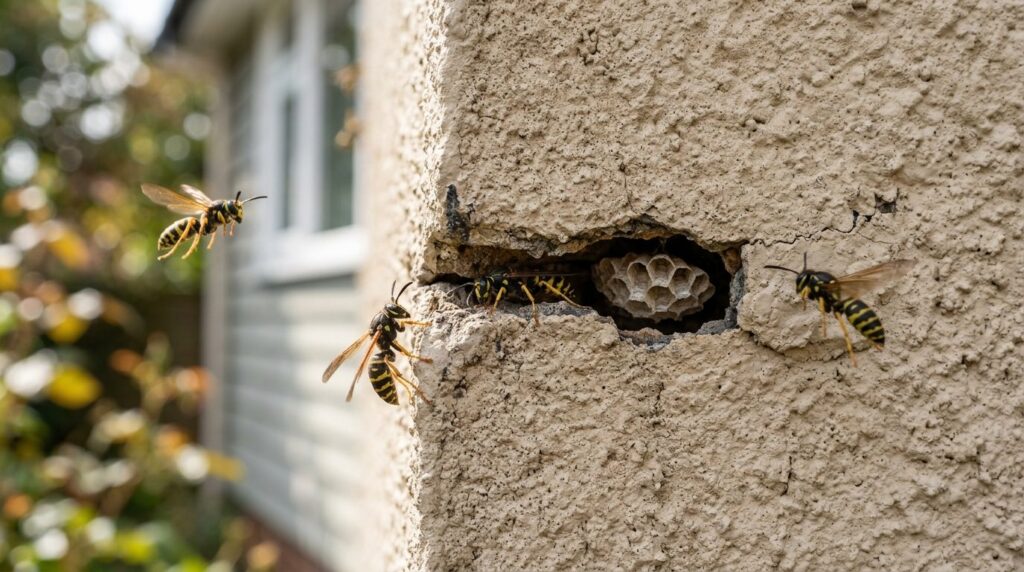 Detailed macro photograph of wasps entering and exiting a sm