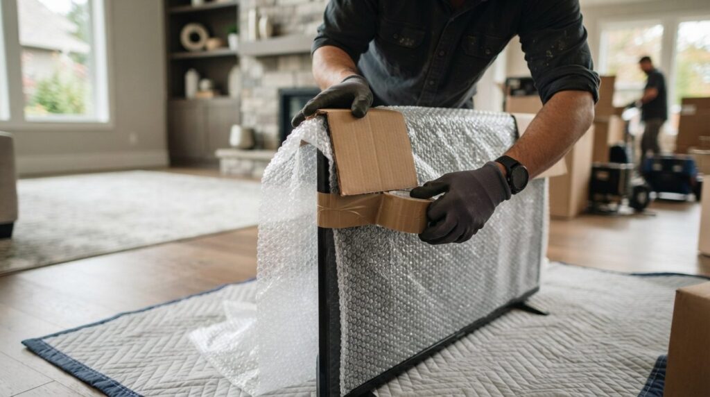Close-up of technician safely wrapping flat-screen TV with b