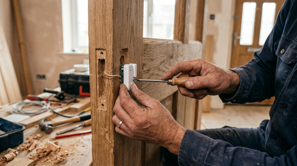 Close-up of skilled craftsmans hands installing smart home 