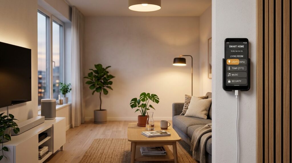 Modern living room with old repurposed smartphone mounted on