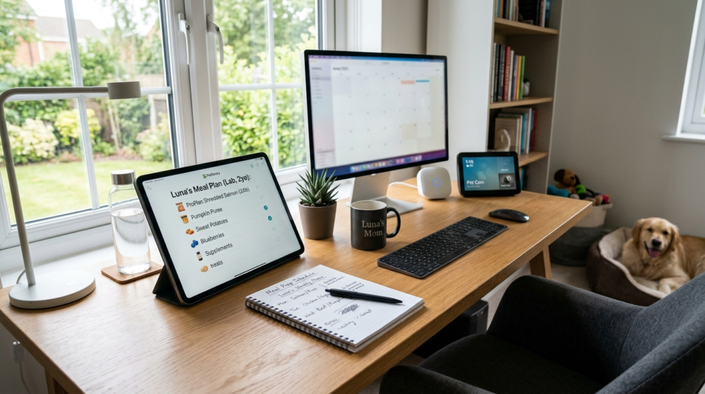 Contemporary home office workspace with tablet displaying sm