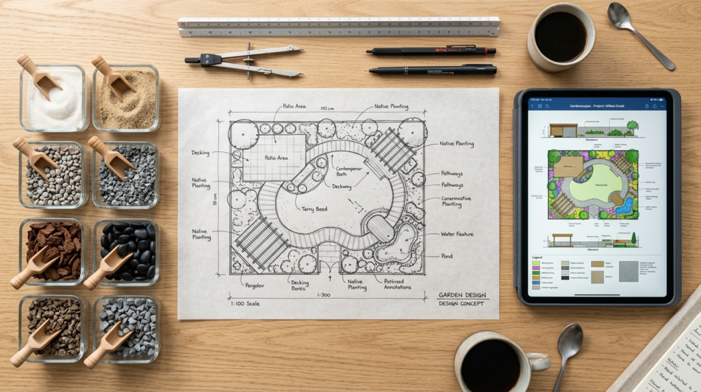 Close-up overhead view of a planning workspace showing a gar