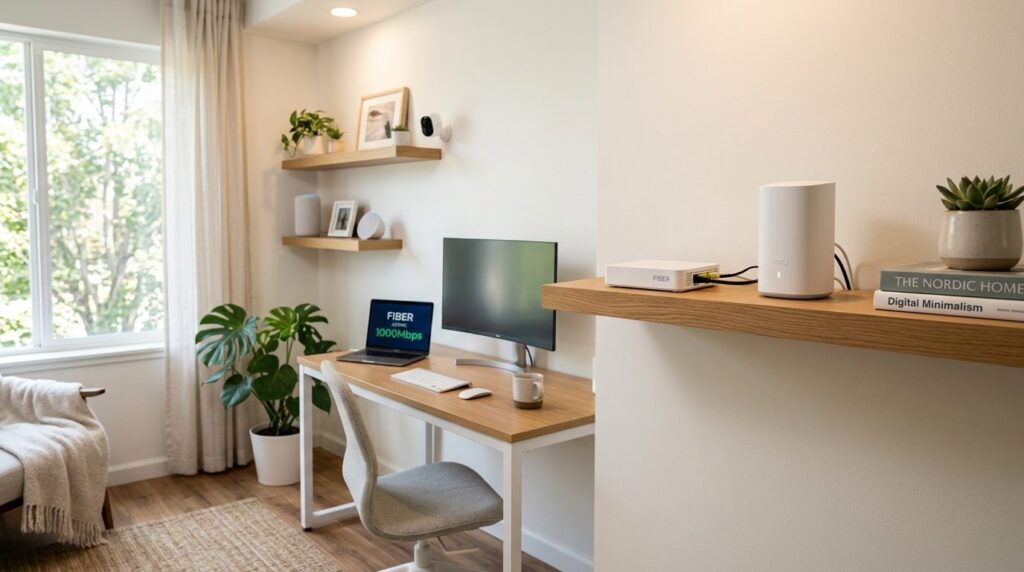 Modern home office setup with a high-speed fiber optic modem