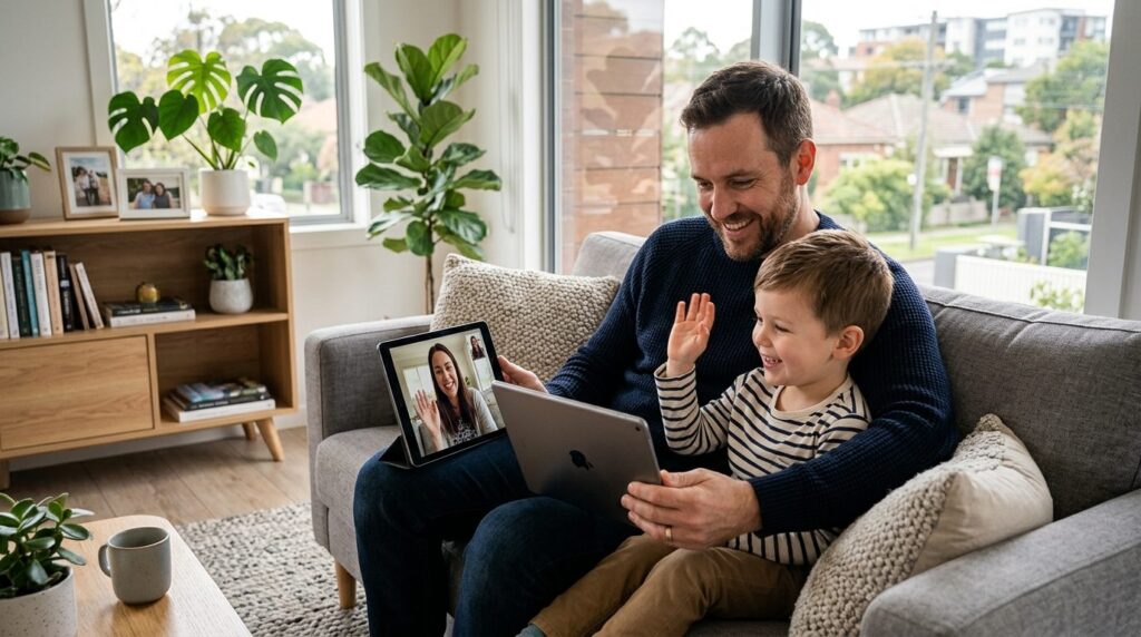 Realistic photograph of a father and child video calling on 