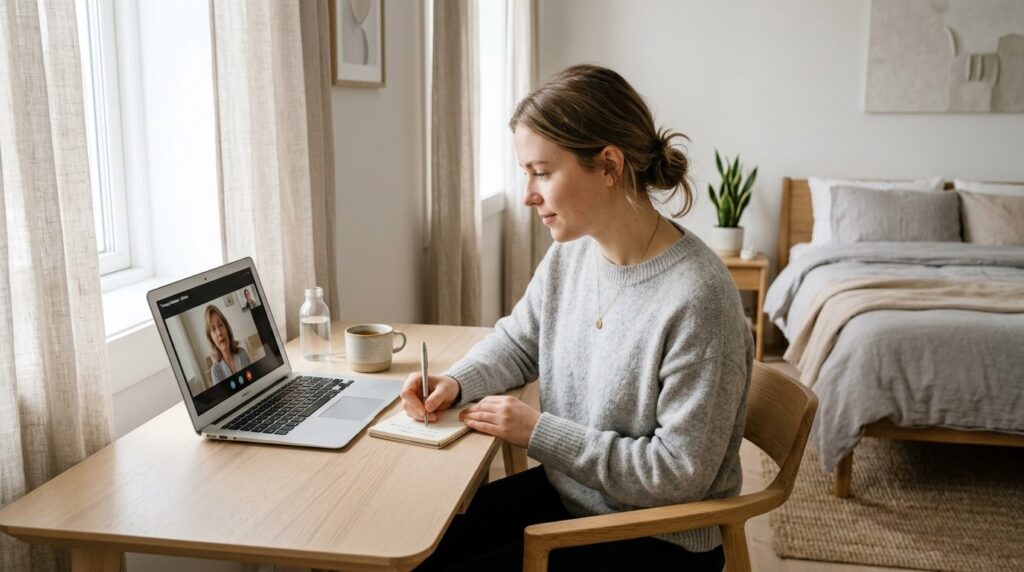Professional stock photo of a woman taking notes during a vi