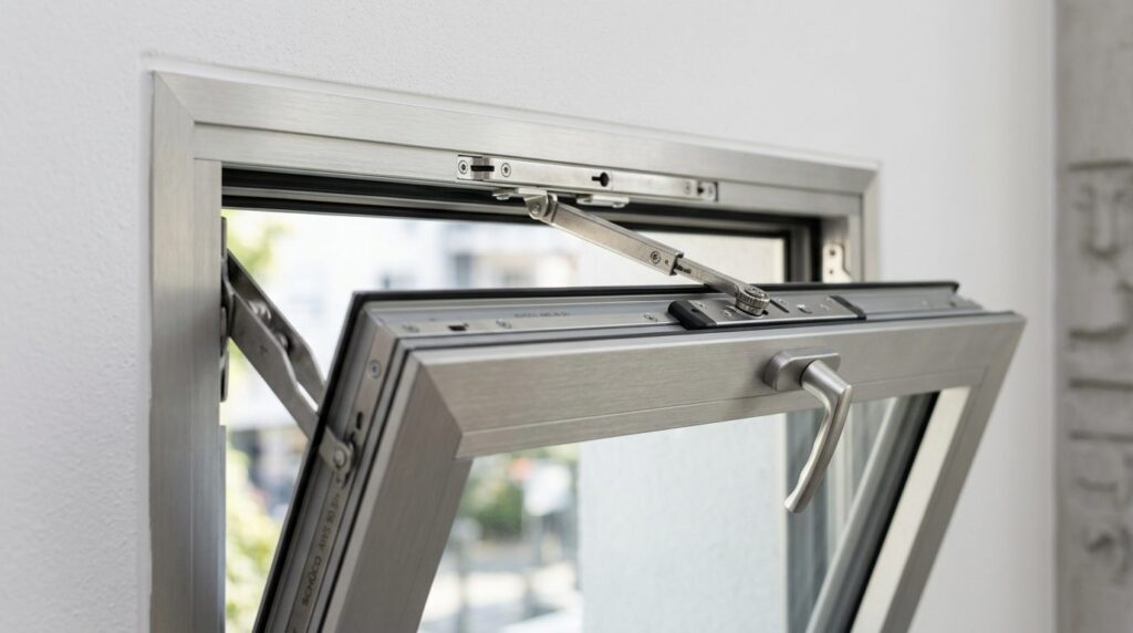 Close-up product photography of a premium top-hinged window 