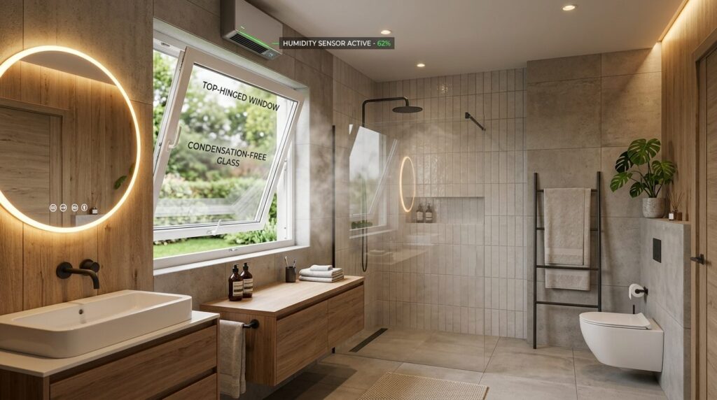 Contemporary smart home bathroom with installed top-hinged w
